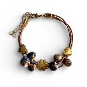 Lucky Love Bracelet Hearts Clover Swirled Brown Beads Adjustable